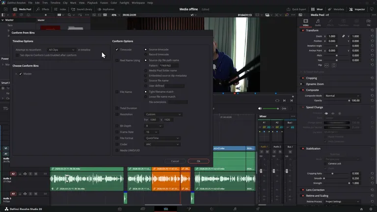 La fenêtre Reconform from Bins de DaVinci Resolve, avec ses options de correspondance par timecode et par nom de fichier