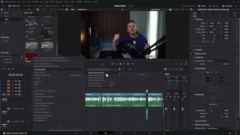 Replace Selected Clip dans DaVinci Resolve, utilisé quand un fichier média a été renommé