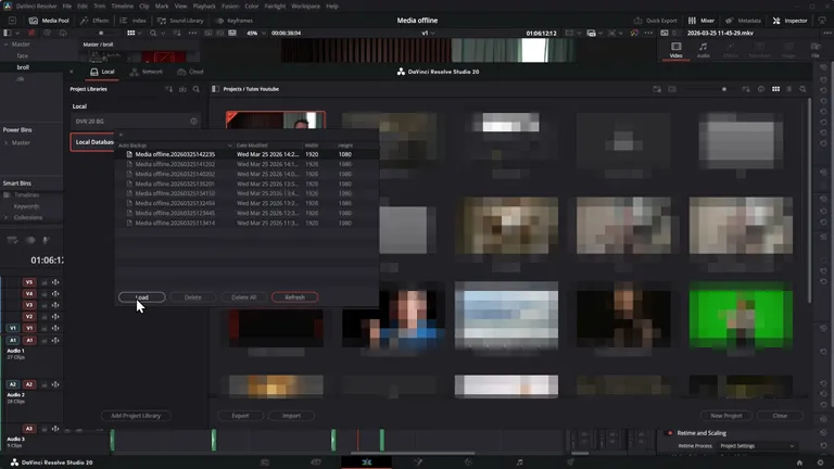 La fenêtre Project Backups du Project Manager de DaVinci Resolve, listant les sauvegardes horodatées