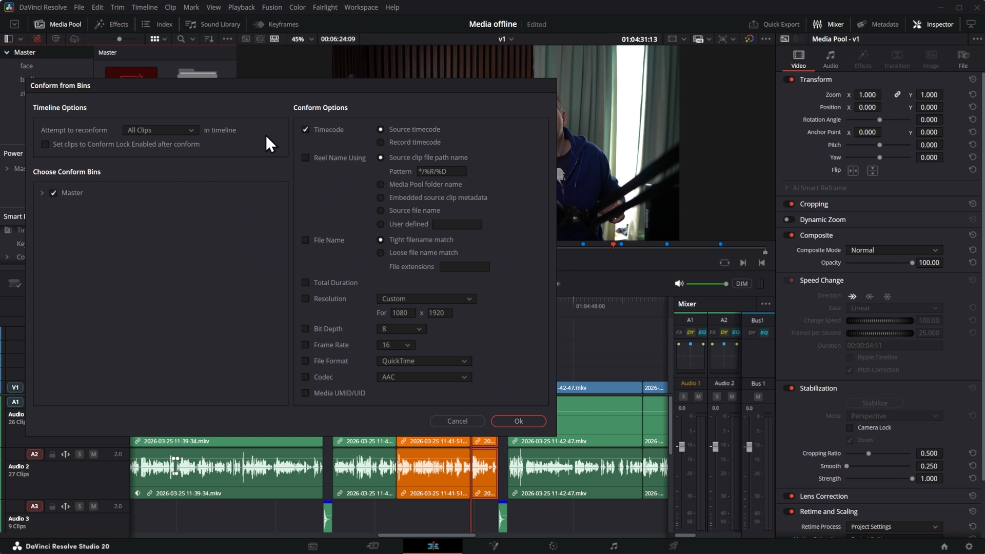 La fenêtre Reconform from Bins de DaVinci Resolve, avec ses options de correspondance par timecode et par nom de fichier