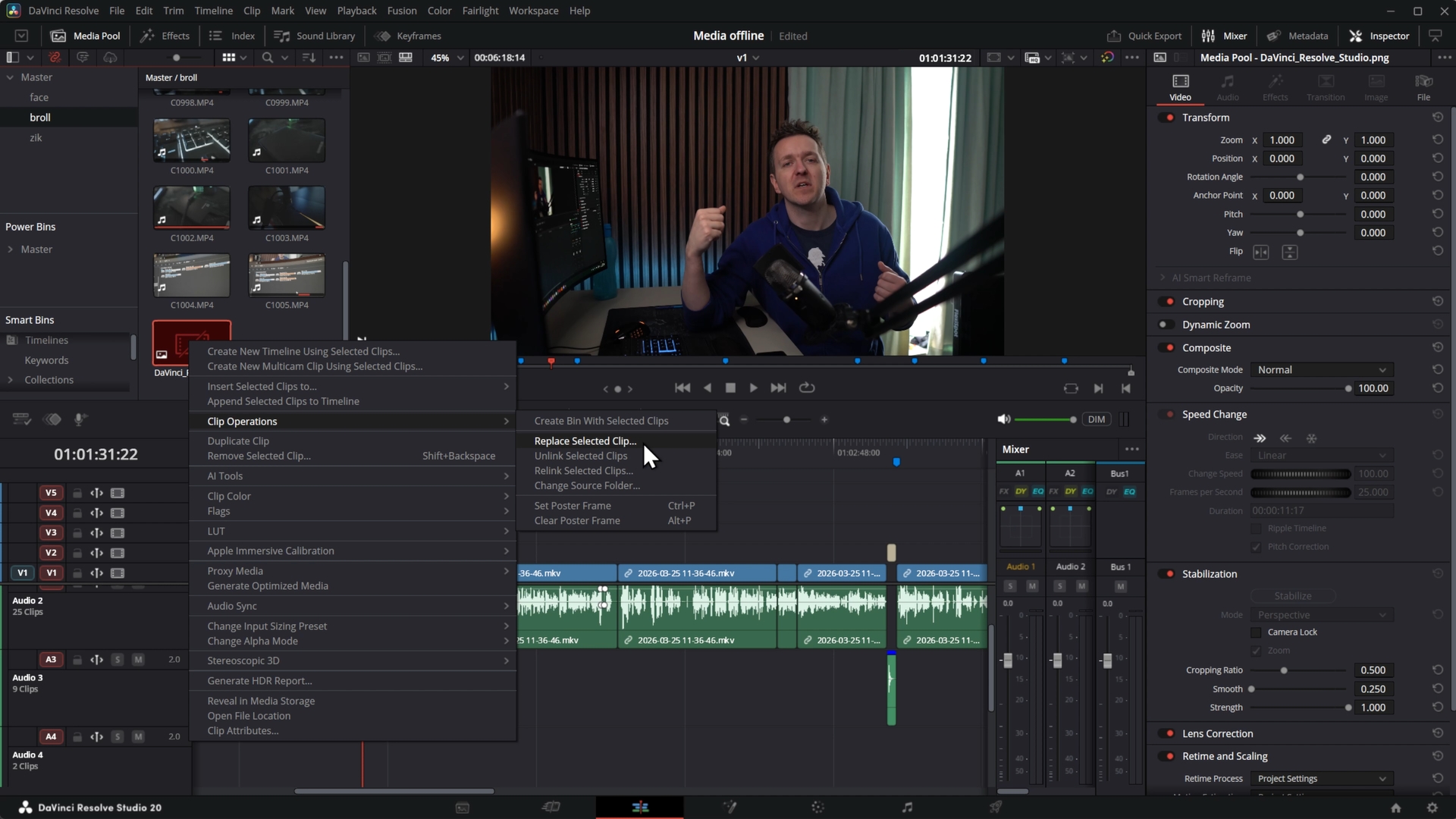 Replace Selected Clip dans DaVinci Resolve, utilisé quand un fichier média a été renommé