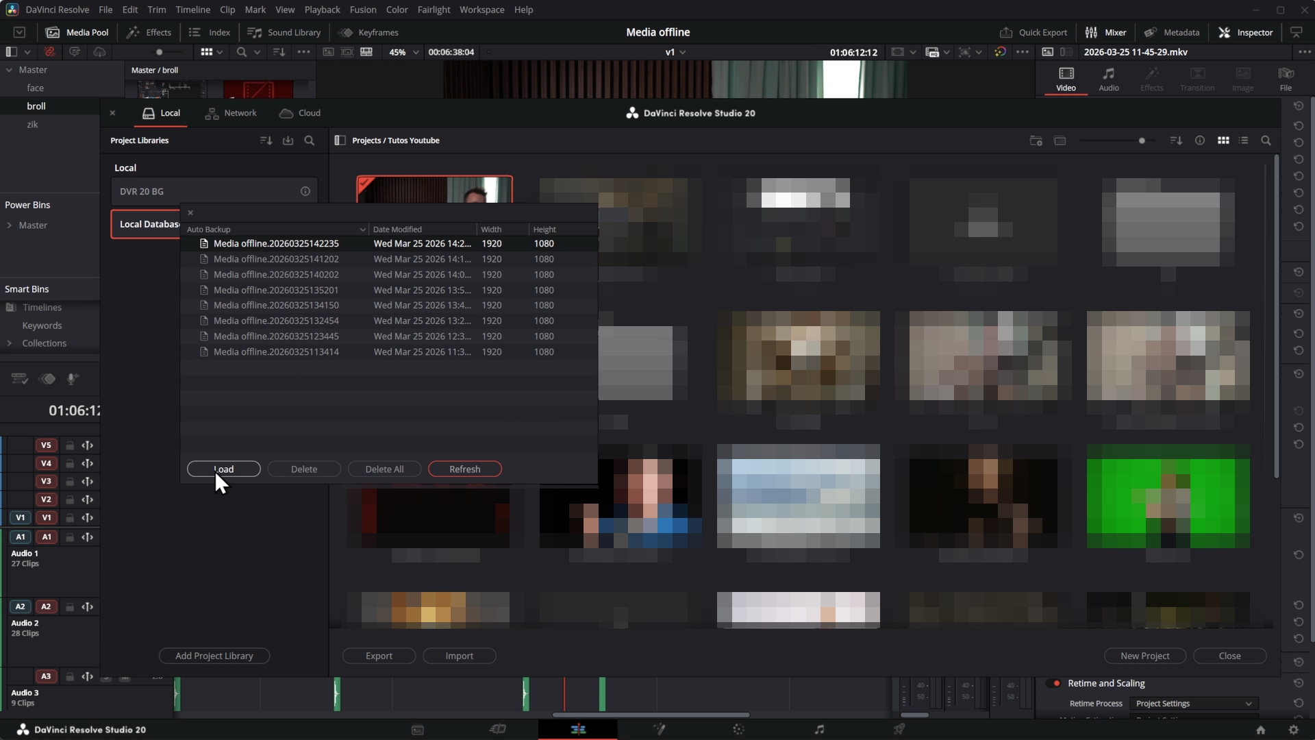 La fenêtre Project Backups du Project Manager de DaVinci Resolve, listant les sauvegardes horodatées